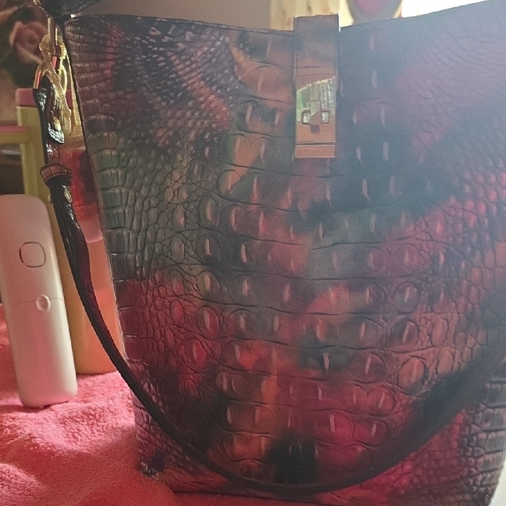 Brahmin Red and Pink Curved Shoulder Bag with Textured Design